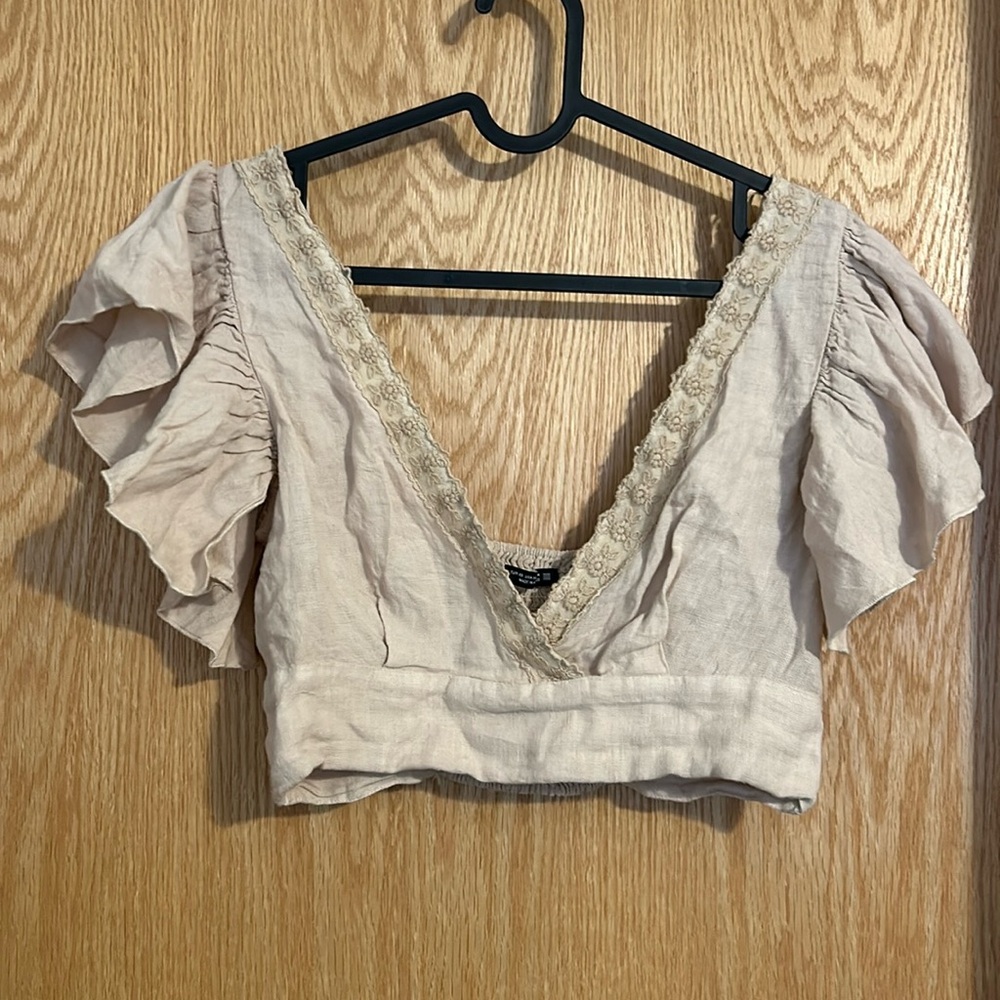 Zara Paris crop shirt with lace and sleeve detail